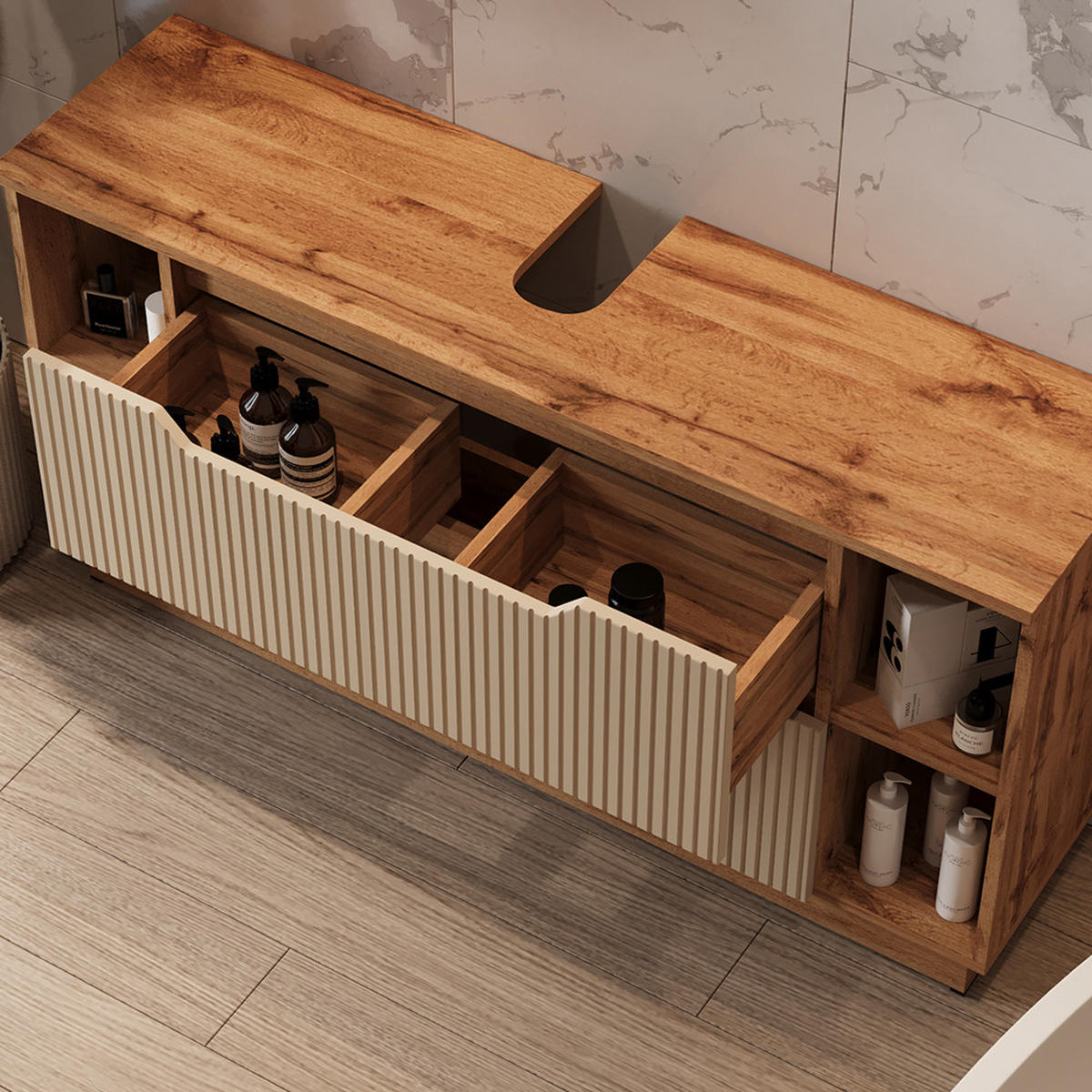 BADMÖBEL-SET Lotta Eiche/Kaschmir gestreift 5 Teile - Kaschmir, Holzwerkstoff (119.2/62.5/35cm) - Vicco