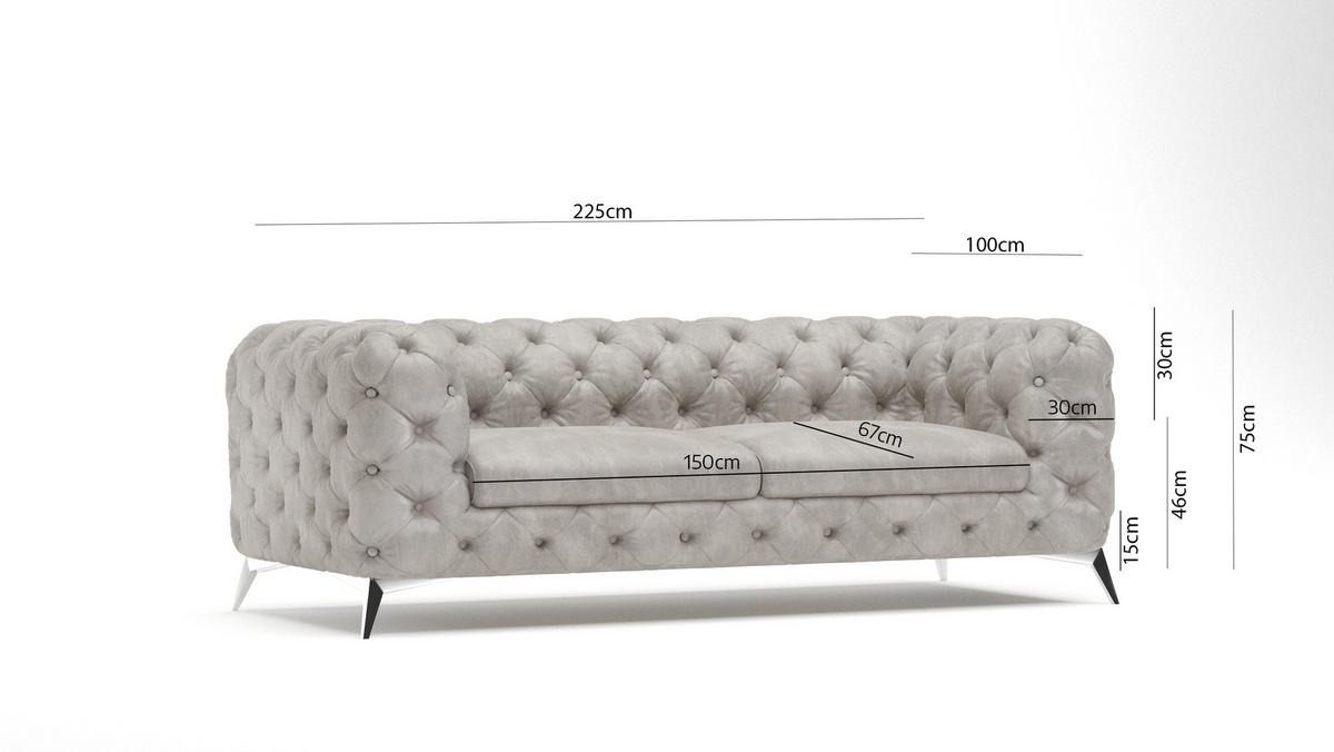 CHESTERFIELD-SOFA 3-Sitzer Quantum Grau Samt - Silberfarben/Grau, Holz/Textil (225/75/100cm) - S-Style Möbel
