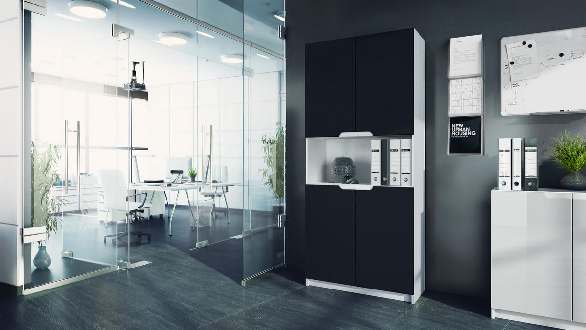 BÜROSCHRANK Logan Fronten in Schwarz matt - Schwarz, Holzwerkstoff (82/184/37cm) - Vladon