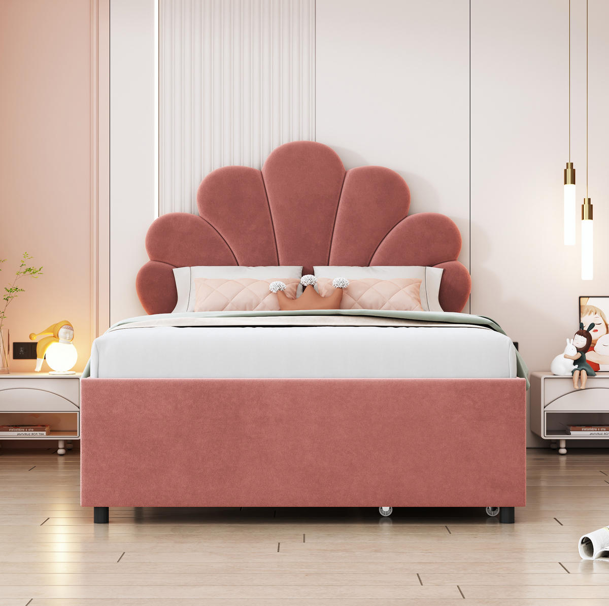 KINDEREINZELBETTEN aus Samt 90x200 cm in Rosa mit 2 Schubladen & Lattenrost - Dunkelrosa, Textil (90/200cm) - Modfu