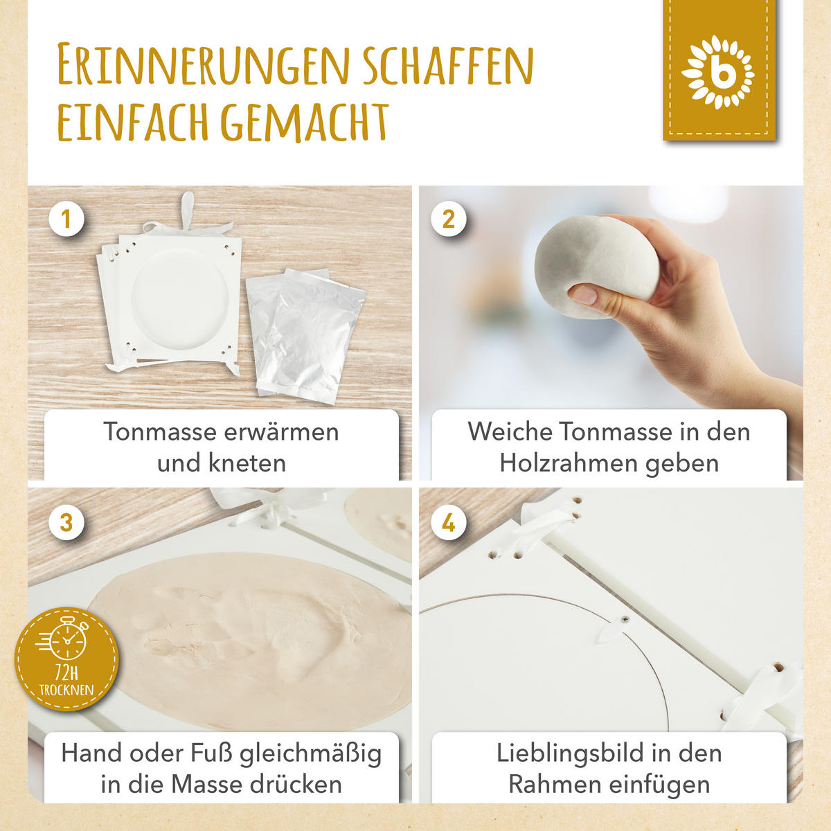 BILDERRAHMEN Baby-Abdruckset 3D Gipsabdruck Hand und Fuss - Weiß, Holz (18/1cm) - Bieco Spielwaren