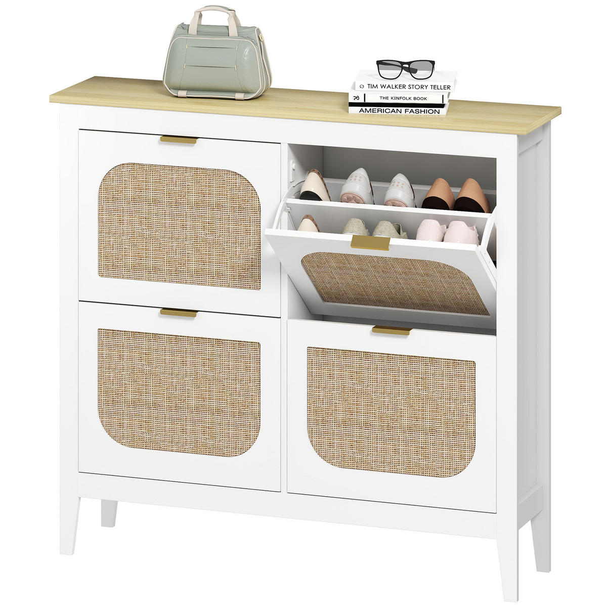 SCHUHSCHRANK DE-15044 4 Klapptüren mit Rattan-Optik für 20 Paar Schuhe Weiß - Weiß, Holzwerkstoff (105/95.5/24cm) - ComfortXL