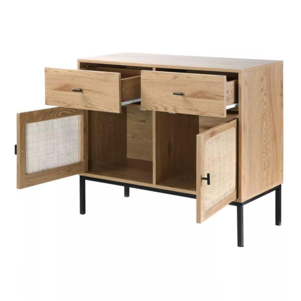 KOMMODE 2 Türen und 2 Schubladen mit Rattangeflecht - L90cm - Eiche Bianco, Holzwerkstoff (39/79/45cm) - Calicosy