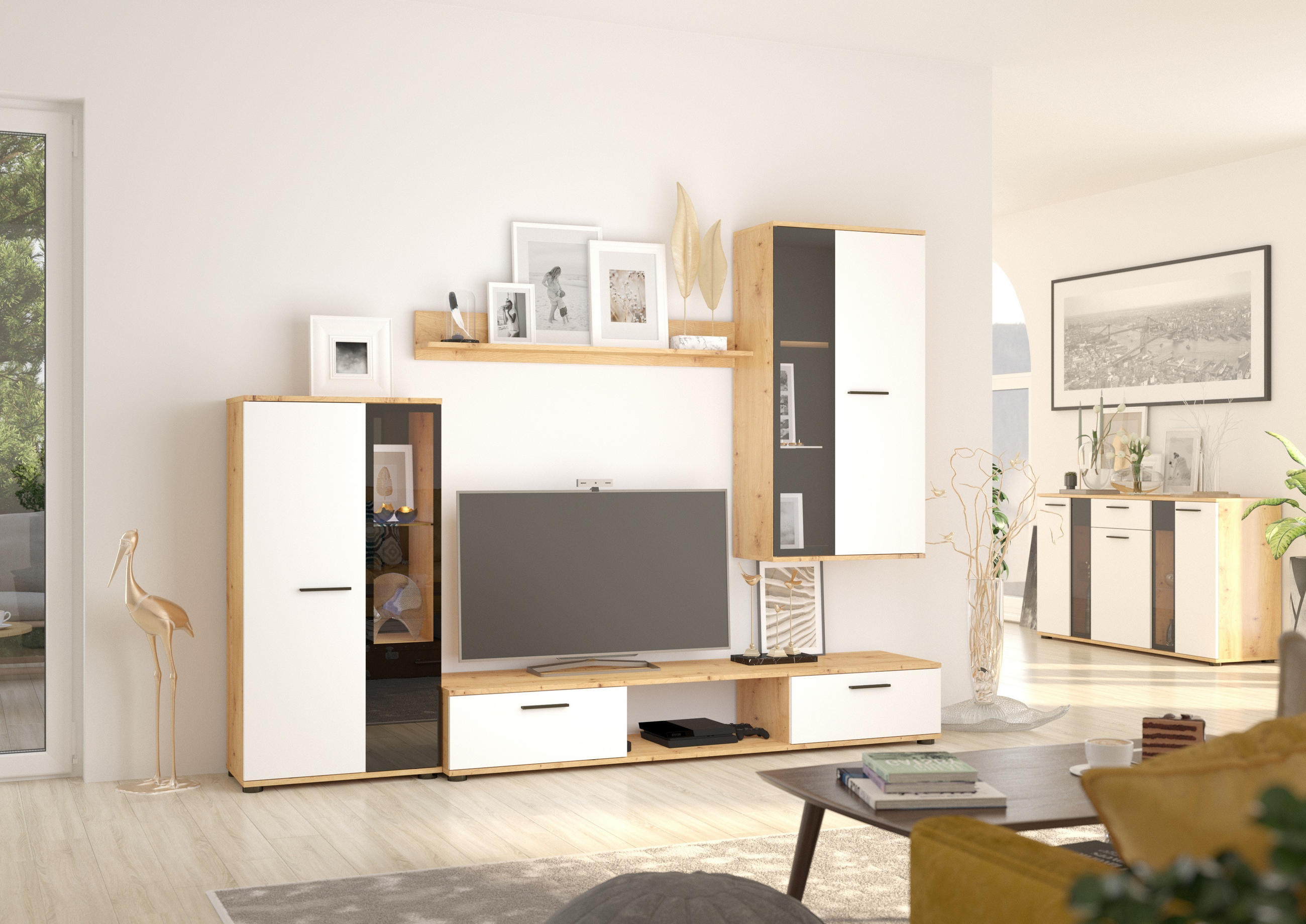 Meblini WOHNWAND Weiß, Eiche Artisan 240cm × 40cm × 180cm