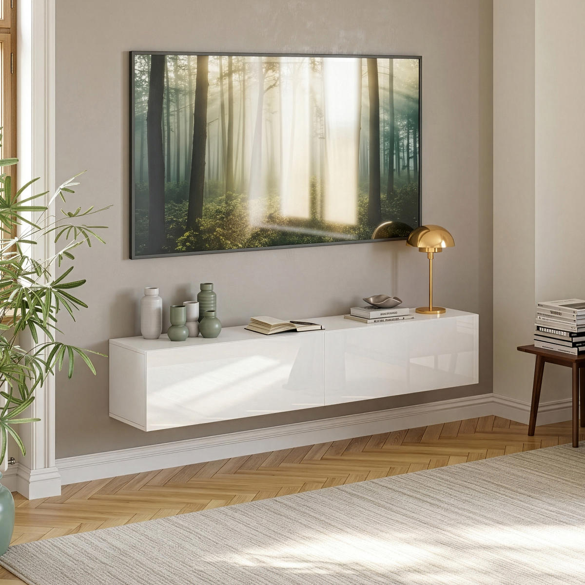HÄNGELOWBOARD Evaton - Weiß Hochglanz, Holzwerkstoff (160/30/31.5cm) - [en.casa]
