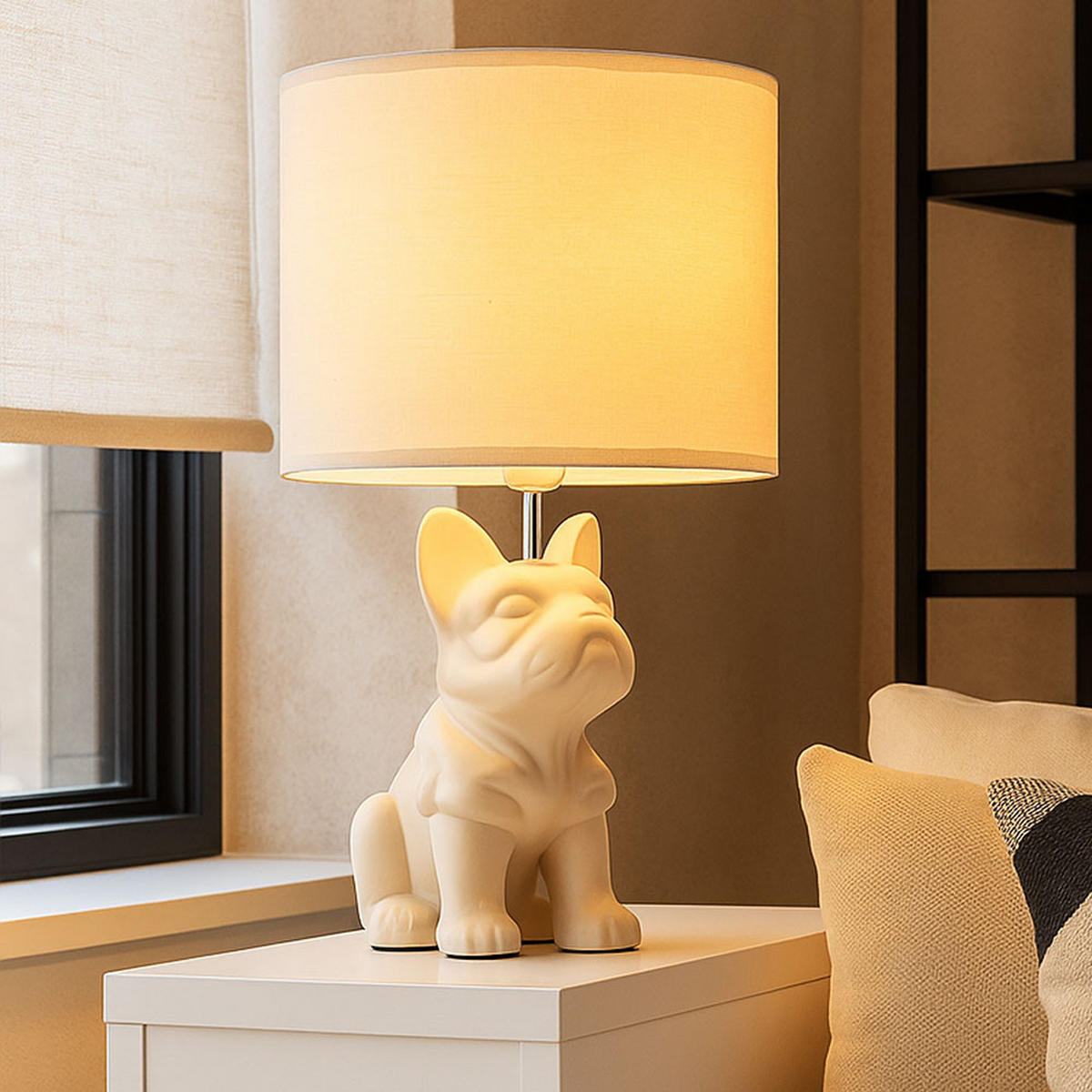 TISCHLEUCHTE Keramik Sandfarben Hunde Design - Beige, Textil (22/22/40cm) - Globo Lighting