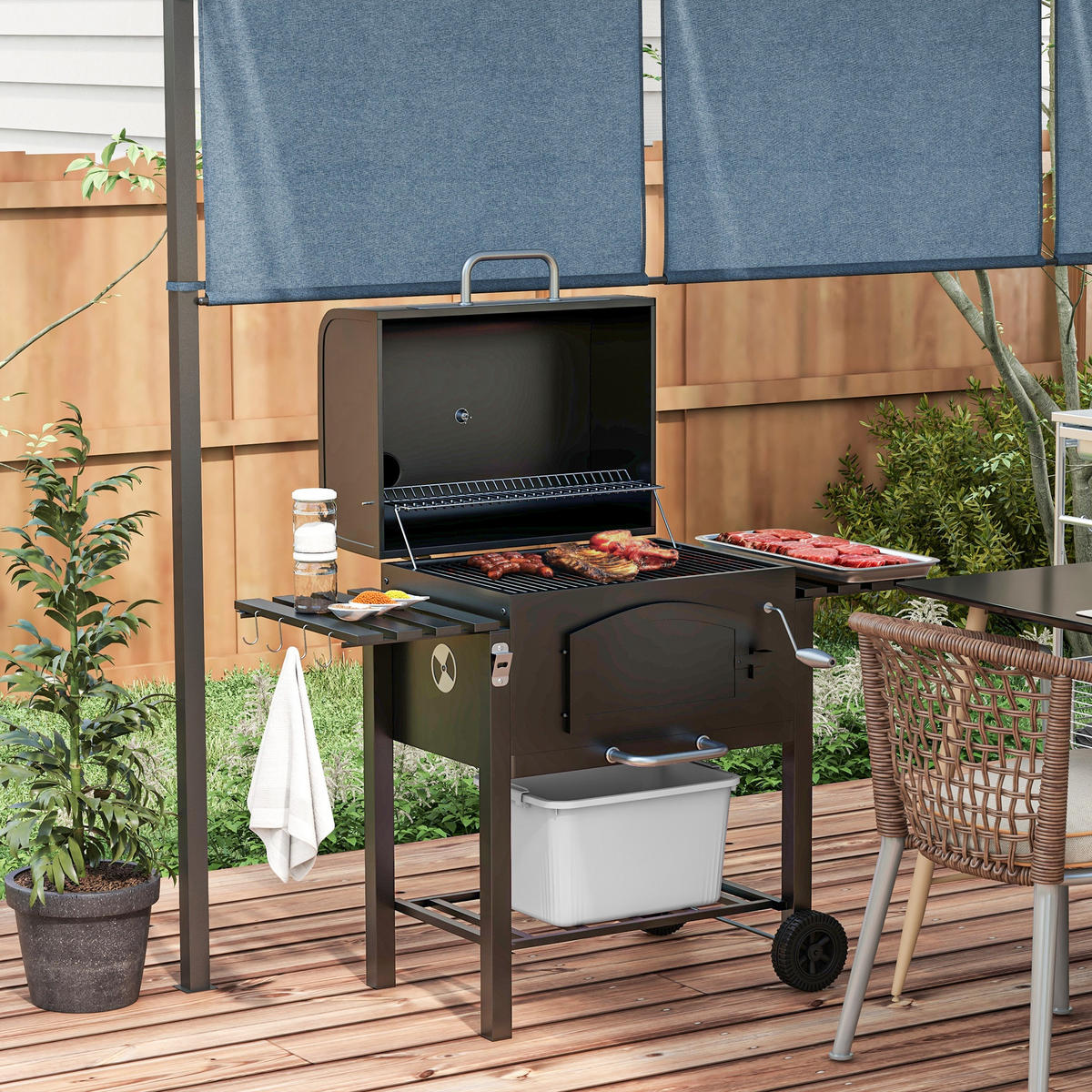 HOLZKOHLEGRILL - Schwarz, Metall (66/112/124cm) - Outsunny