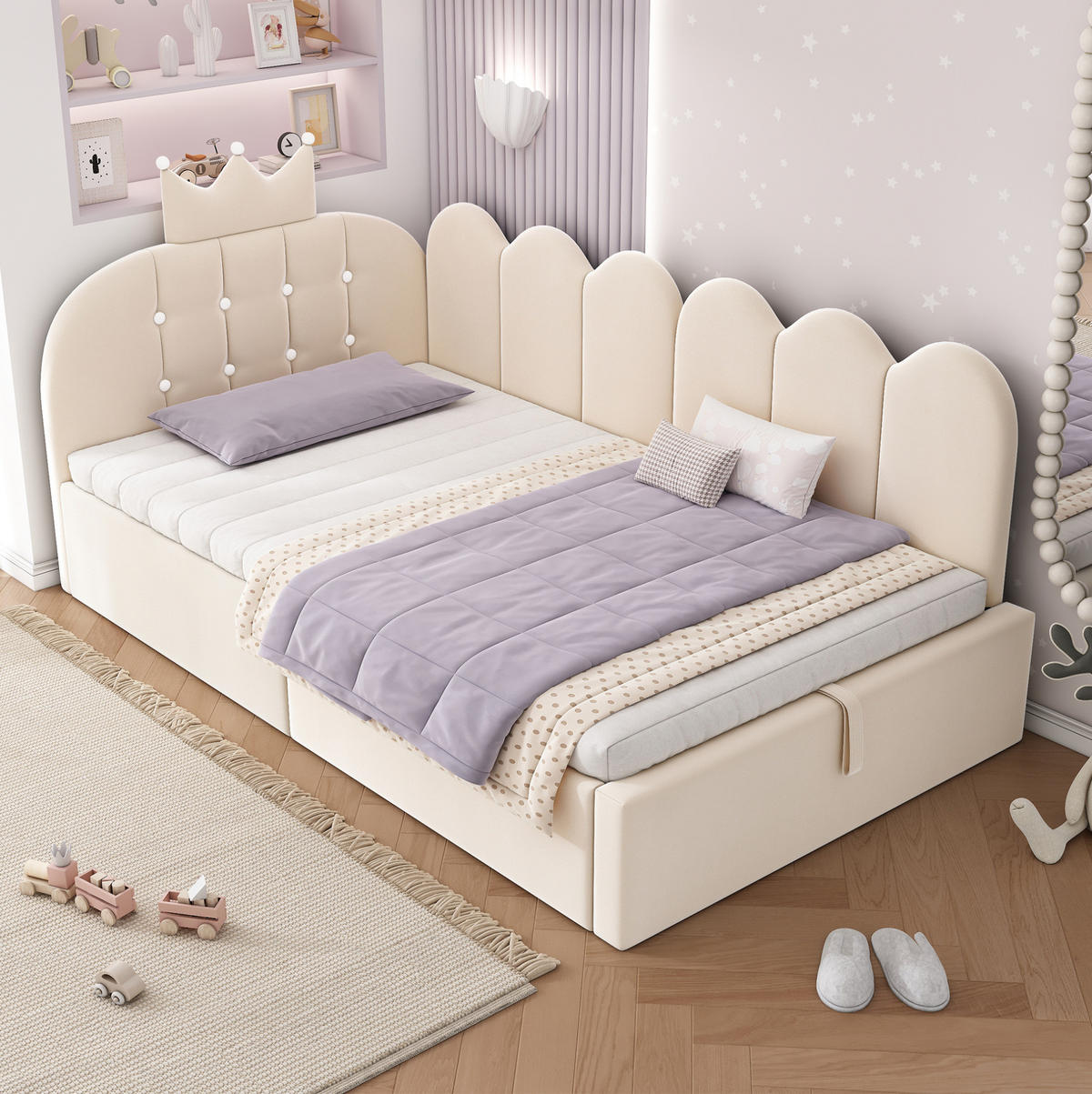KINDERBETT Polsterbett 90/200 cm aus Samt mit Stauraum und Kronen-Gitter-Design Beige - Beige, Textil (90/200cm) - Modenvie