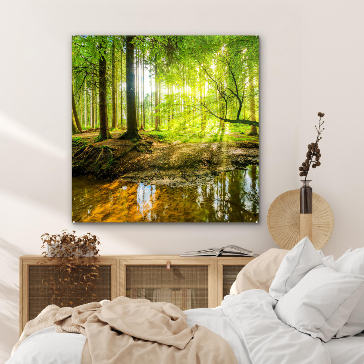 ACRYLGLASBILD Wald - Landschaft - Wasser - Bäume - Sonne - Grün - Natur 90x90 cm - Grün, Glas (90/90cm) - MuchoWow