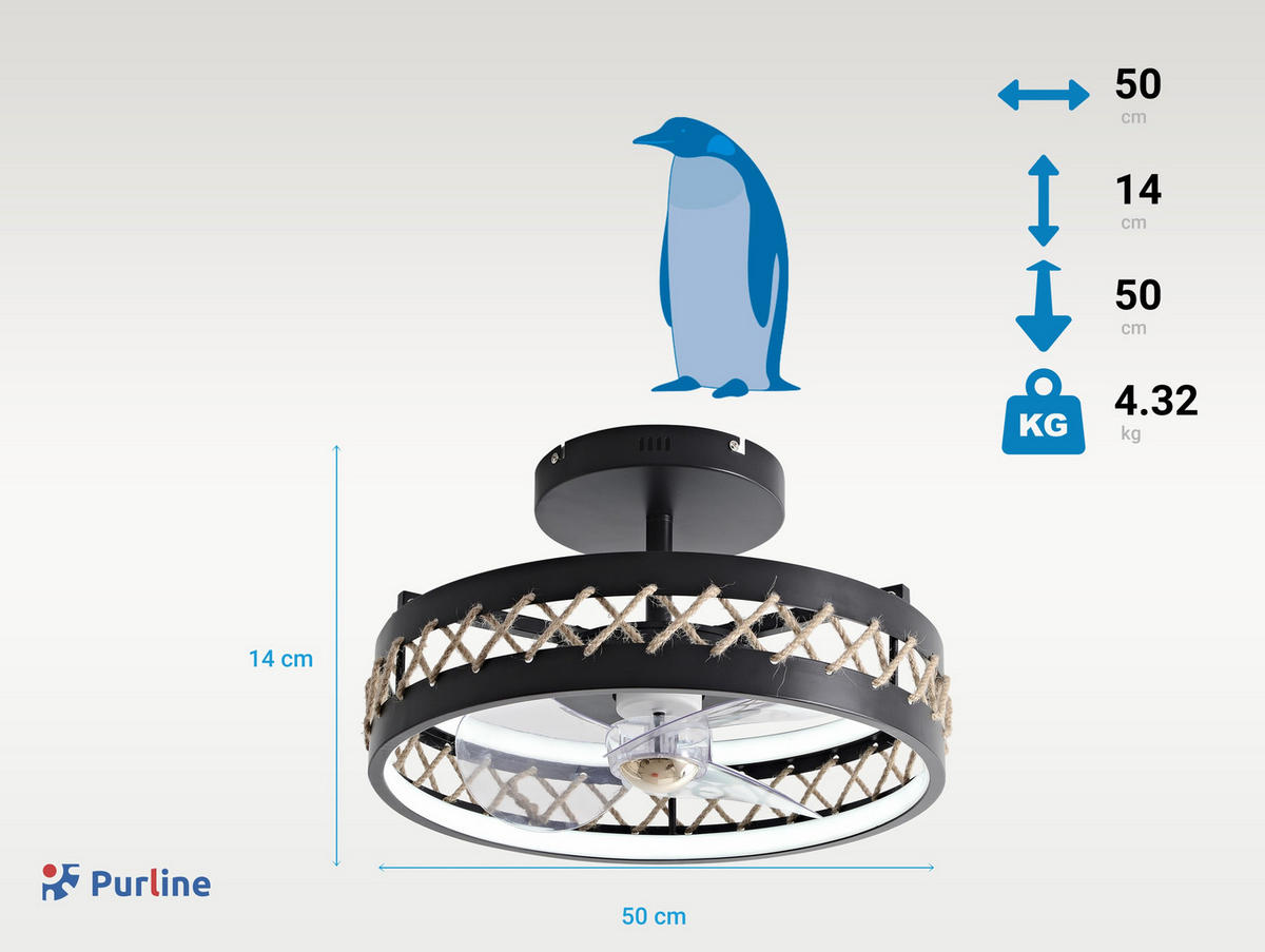 LED-DECKENLAMPE Schwarz mit integriertem Ventilator 65 W - Schwarz, Kunststoff (50/50/14cm) - Purline