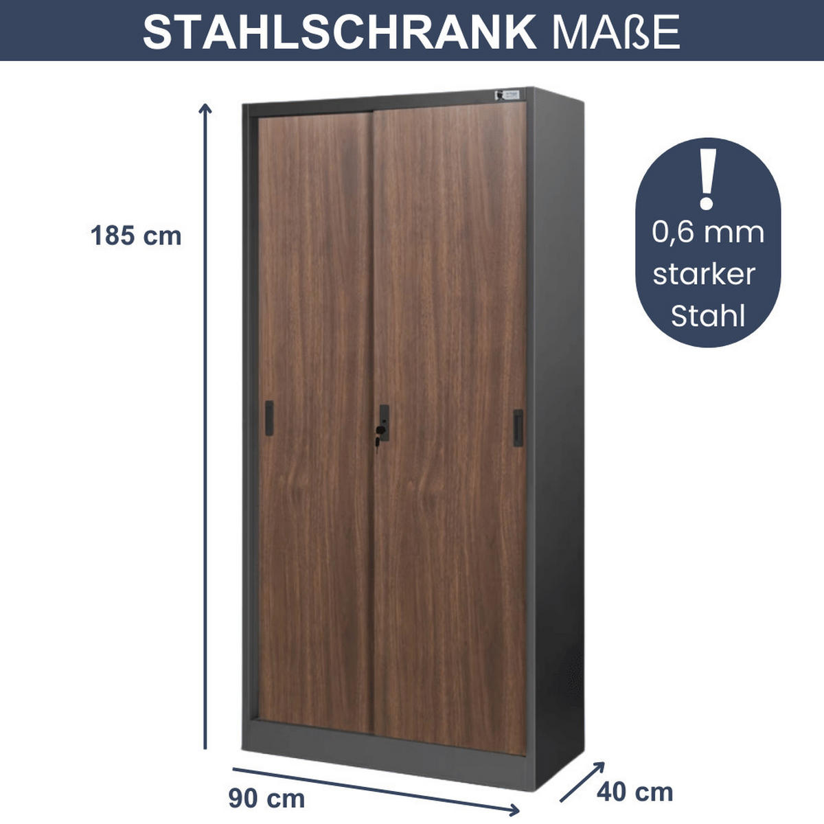 AKTENSCHRANK abschließbar ROLF mit Schiebetüren 185x90x40cm Anthrazit-Nussbaum - Anthrazit, Metall (90/185/40cm) - DELUKE