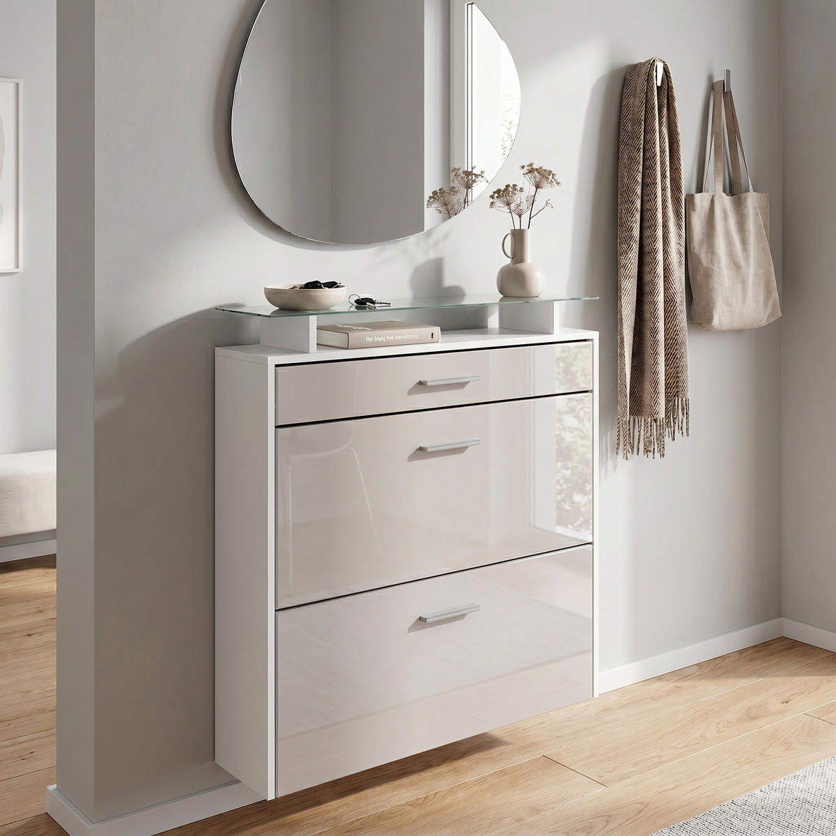 SCHUHSCHRANK Malea Front in Sandgrau Hochglanz - Sandfarben, Holzwerkstoff (89/96/23cm) - Vladon