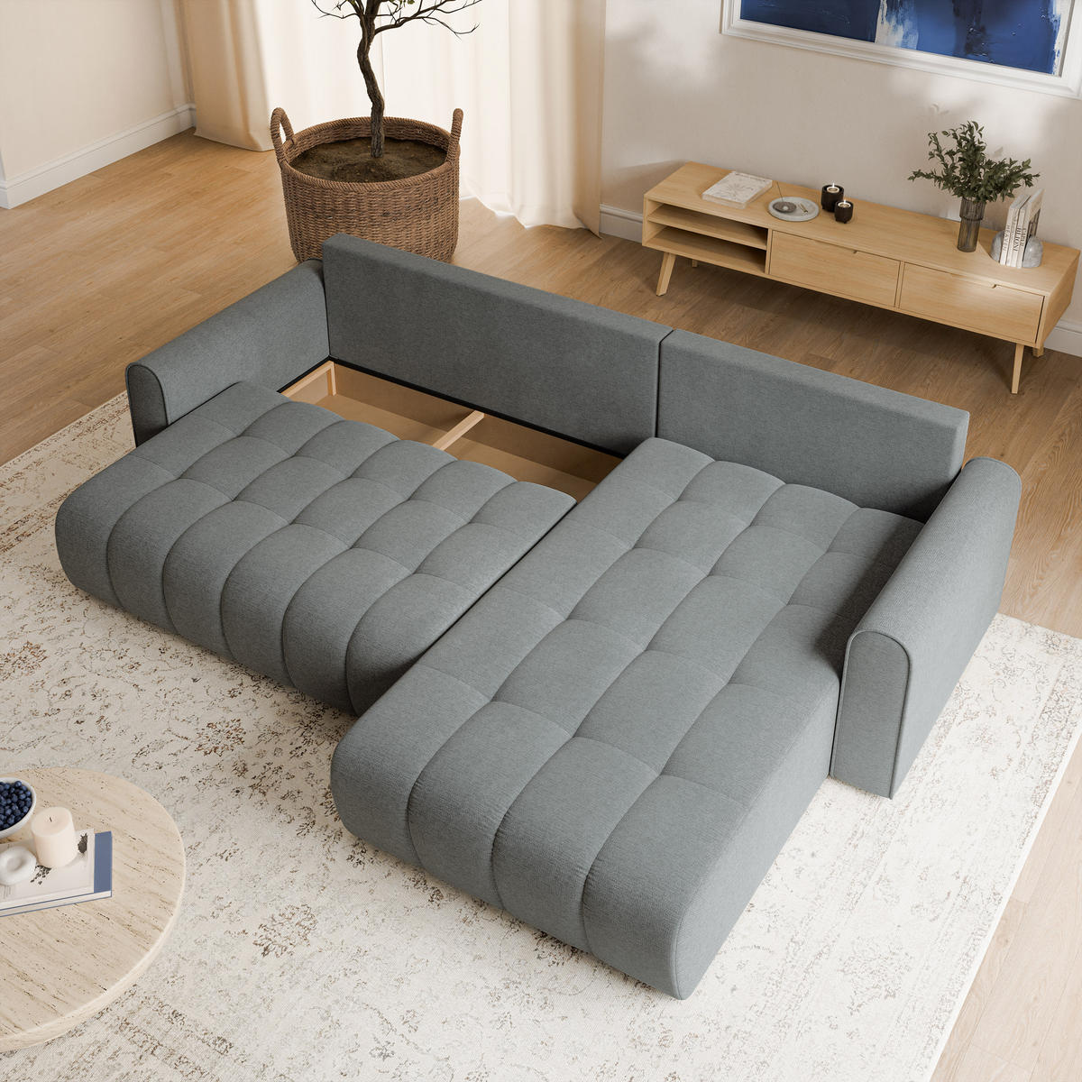 ECKSOFA FRIGA Grau Strukturstoff mit Schlaffunktion - Grau, Holz (283/185cm) - MASSENO
