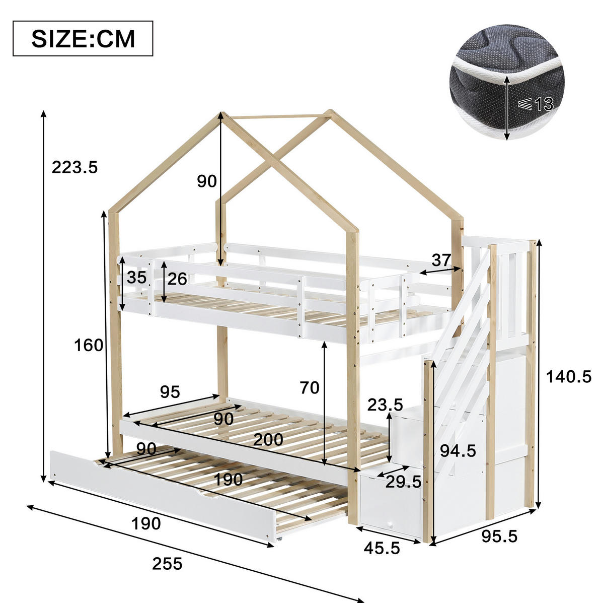 KATNI krevet od masivnog drva i MDF-a 90x200 cm bijela i natur s izvlačivim ležajem, stepenicama i ladicama - bijela, drvni materijal (90/200cm) - Modfu