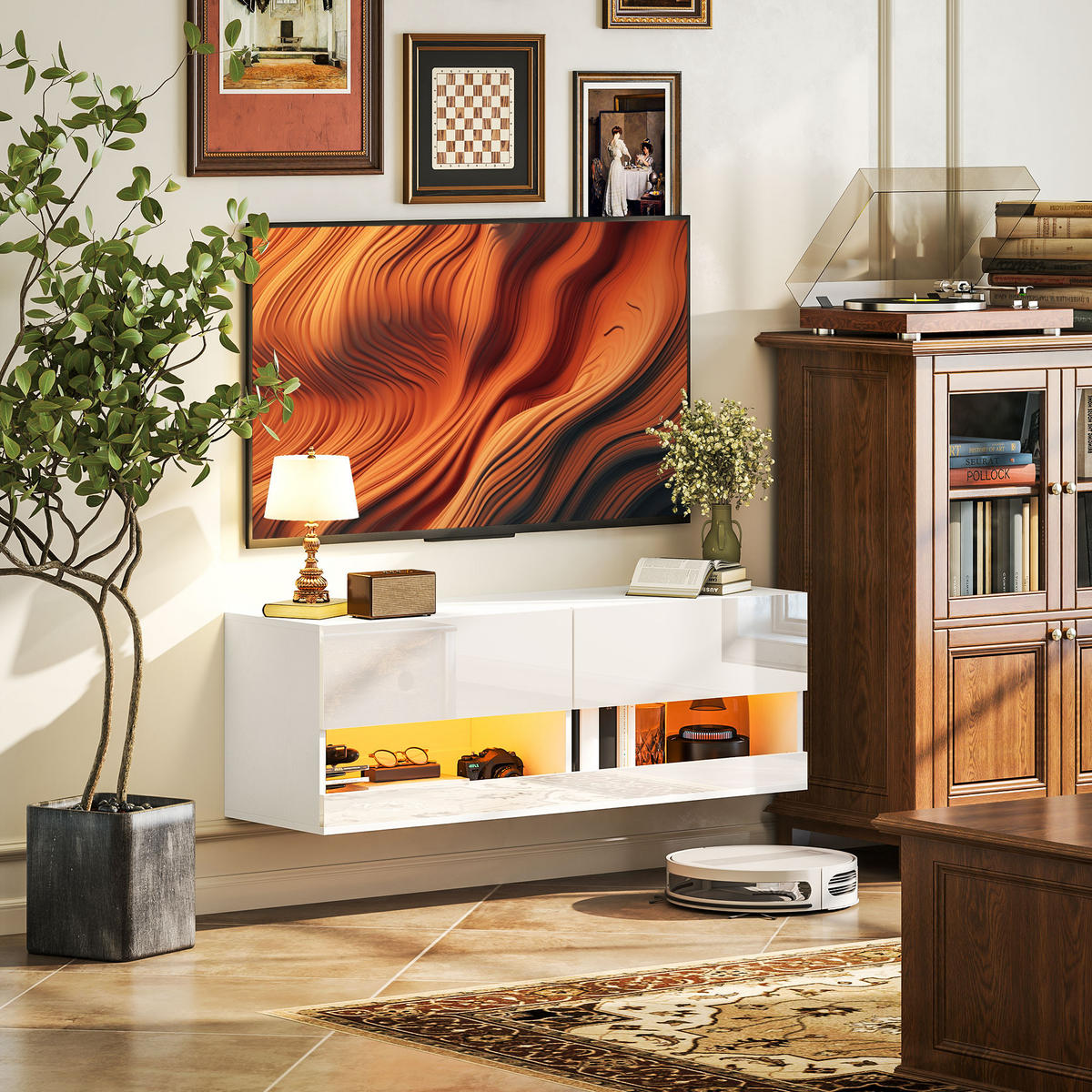 TV-HÄNGESCHRANK mit LED-Beleuchtung, TV-Schrank 120 x 35 x 40,5 cm Hochglanzweiß - Weiß, Holzwerkstoff (35/40.5/120cm) - HOMCOM