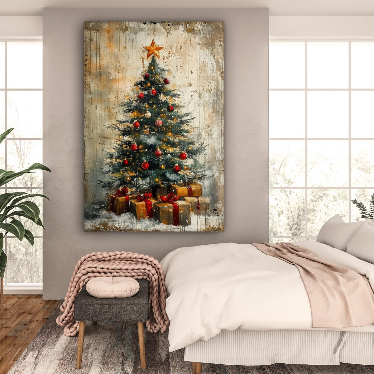 OBRAZ NA PLÁTNĚ Vánoční stromek - Vintage - Vánoce - Dárek 90x140 cm - rezavá, textil (90/140cm) - MuchoWow