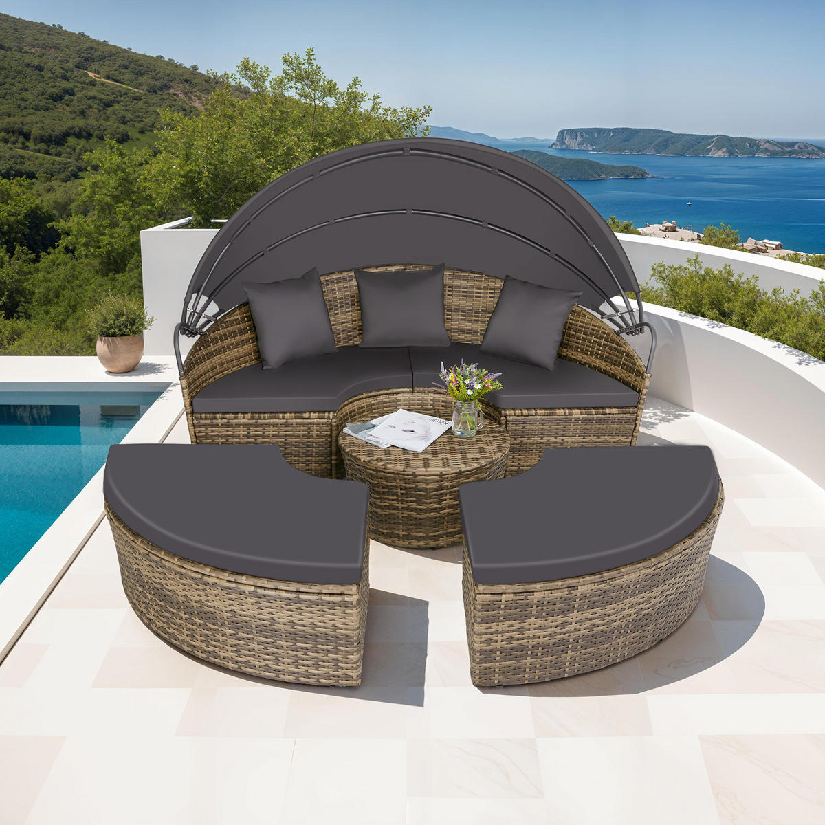 RATTAN SONNENINSEL Santorin,variabel aufstellbar,natur - Naturfarben, Kunststoff (171/136/175cm) - tectake