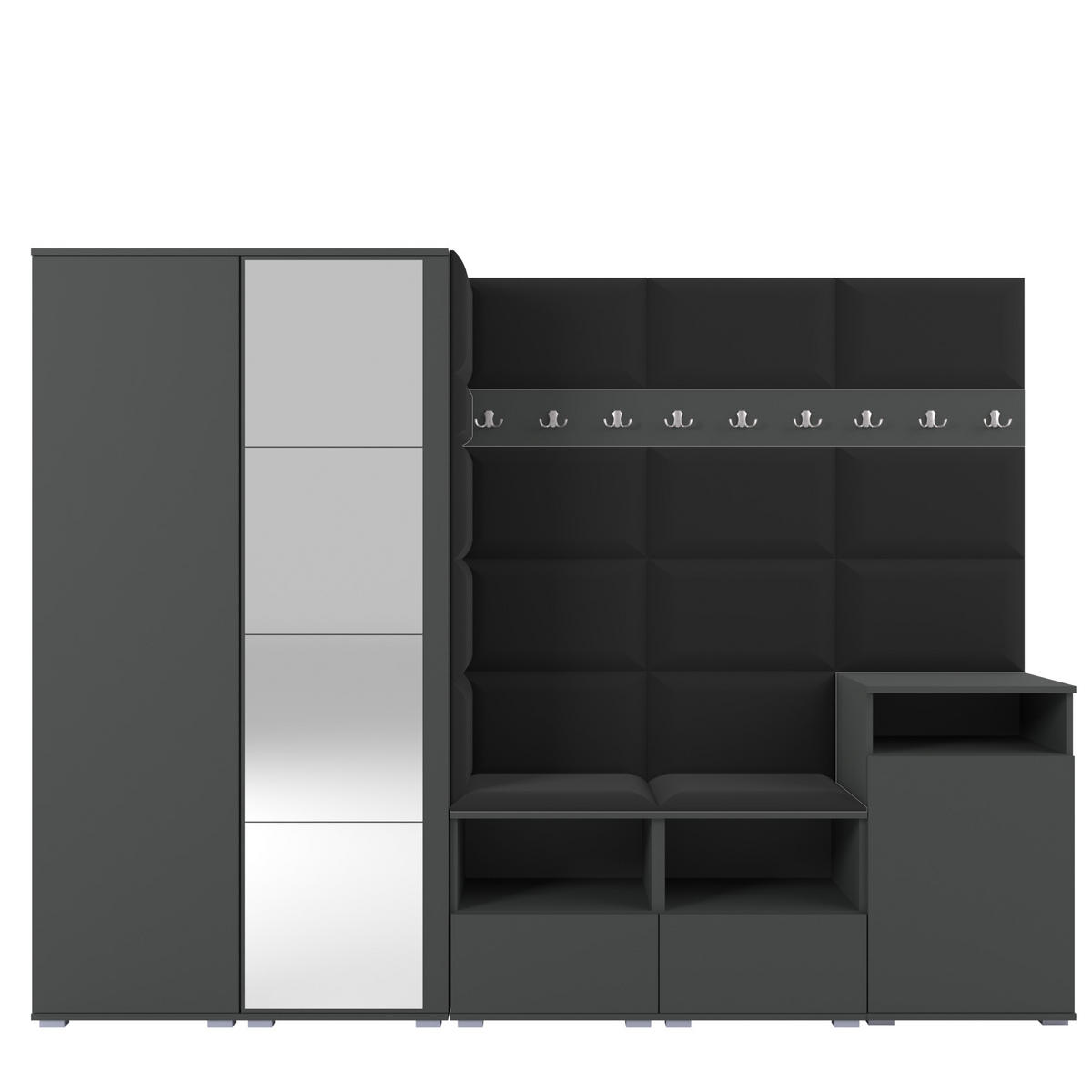 GARDEROBE NELA VIII 250 cm (Modulare Flurmöbel Graphit mit Spiegel & Sitzpolster Schwarz 16 Set XL) - Silberfarben/Schwarz, Holz/Holzwerkstoff (250/187/40cm) - Ravio