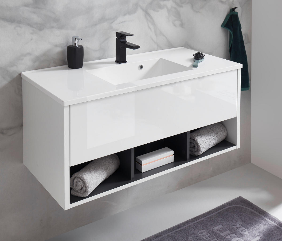 WASCHBECKENUNTERSCHRANK mit Waschbecken weiß Hochglanz, grau 100 cm - Weiß Hochglanz/Grau, Holzwerkstoff (100/44/47cm) - Furn.Design