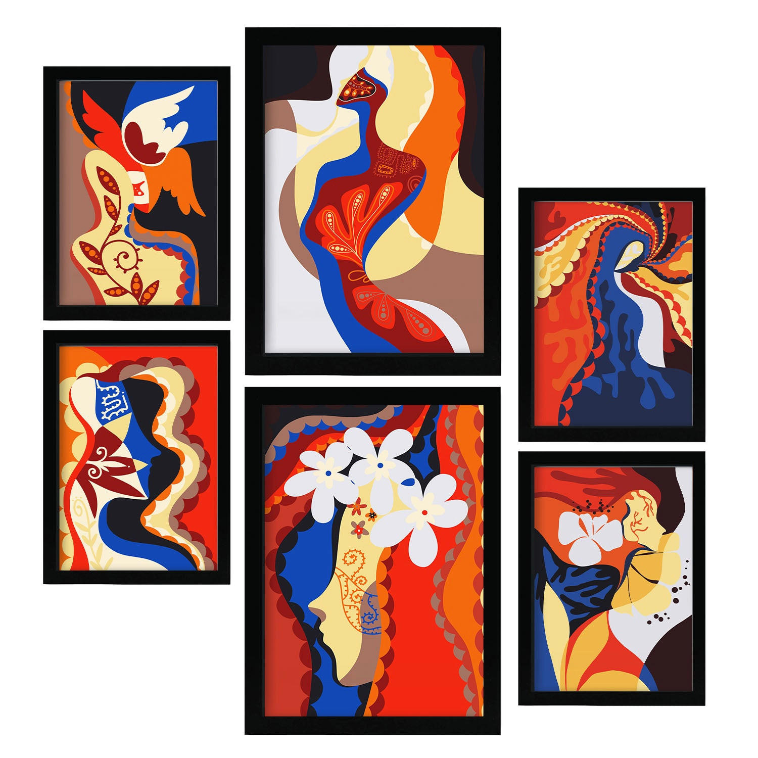 POSTER Set Mit 6 Rococo Arts 1 In Weibliche Zusammenfassung Ästhetische Dekorative Gemälde Für Ihr Wohnzimmer Zuhause A3 & A4 Schwarzer Rahmen - Schwarz, Papier (29/3cm) - Nacnic