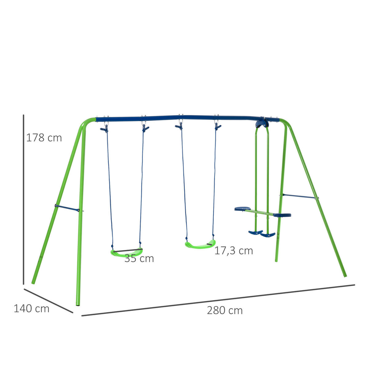 GARTENSCHAUKEL spielplatzschaukel schaukelwippe outdoor Schaukelgerüst mit 2 Schaukeln - Grün, Metall (140/280cm) - Outsunny