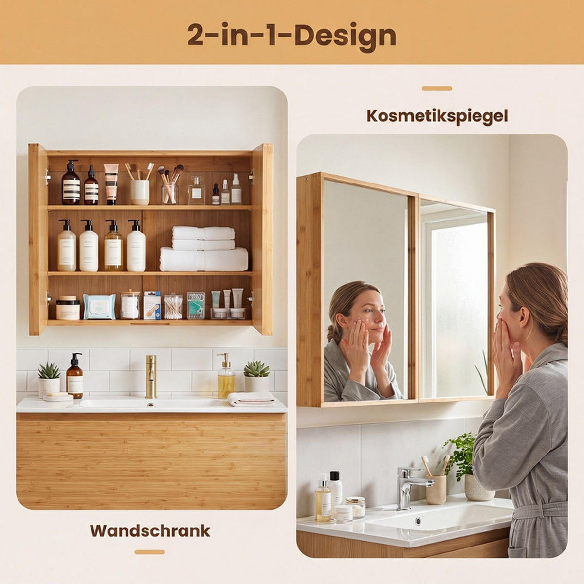 SPIEGELSCHRANK BAD aus Bambus natur - Naturfarben, Naturmaterialen (65/50.5/14cm) - COSTWAY