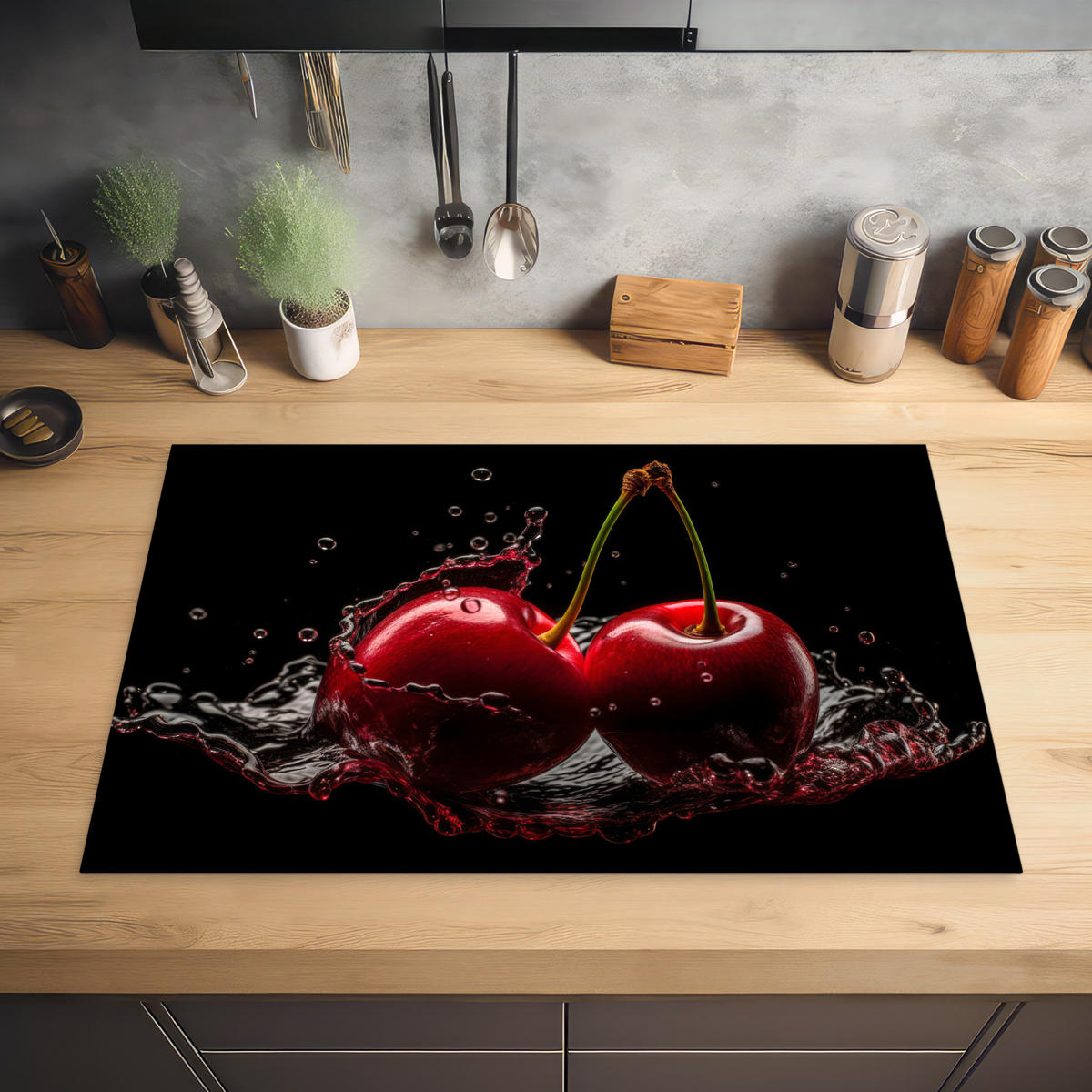 HERABDECKPLATTE - Kirsche - Rot - Frucht - Wasser - Schwarz - 83x52 - Kirschrot, Kunststoff (83/52/0.2cm) - MuchoWow