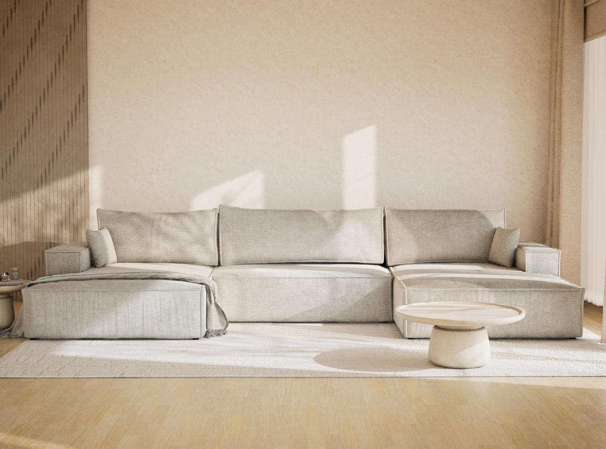 WOHNLANDSCHAFT Kyoto Grau Chenille-Stoff - Schwarz/Grau, Holz/Holzwerkstoff (398/70/148cm) - Maison de Reve
