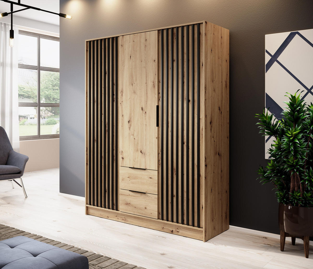 KLEIDERSCHRANK 150 cm Fioro - 3 Türen, Lamellen, Schubladen, Artisan Eiche - Eiche Artisan, Holz (155/200/51cm) - Emporius