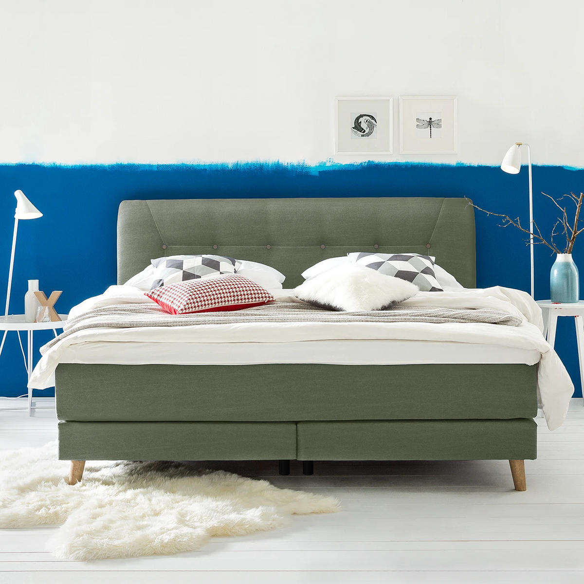 BOXSPRINGBETT - Webstoff - Jadegrün, Naturmaterialien (200/200cm) - home24