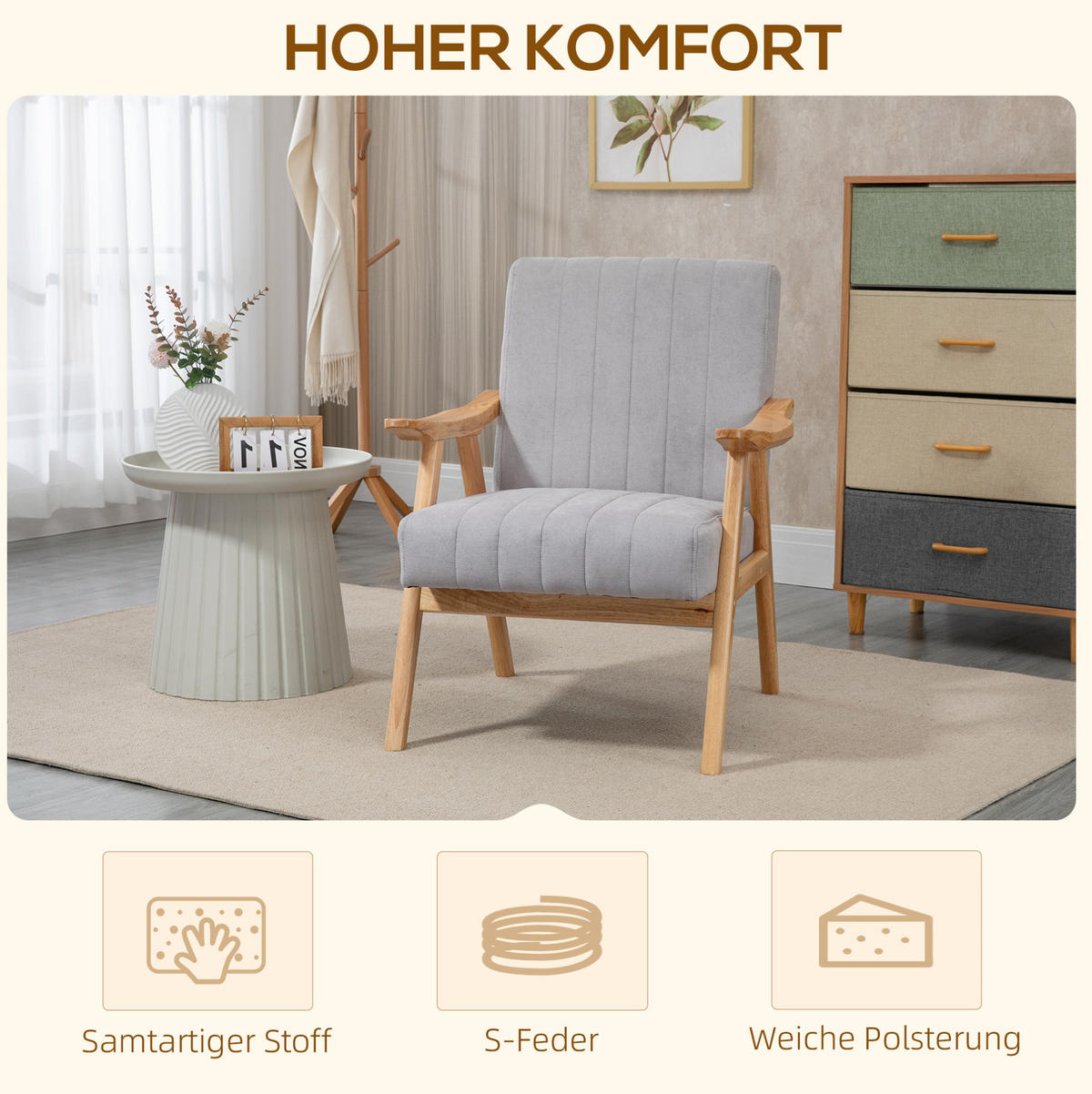 SESSEL Polyester Samtoptik mit Armlehnen 68/74/82 cm Hellgrau - Hellgrau, Textil (74/82/68cm) - Redom
