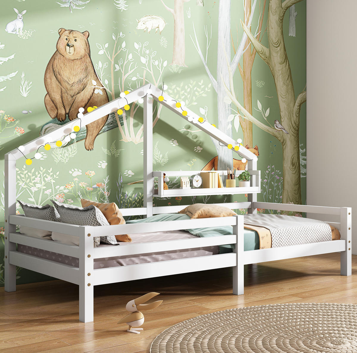 HAUSBETT 90/200 cm Weiß aus Kiefer mit Ablageregal und Sicherheitszaun - Weiß, Holzwerkstoff (90/200cm) - Flora Grace