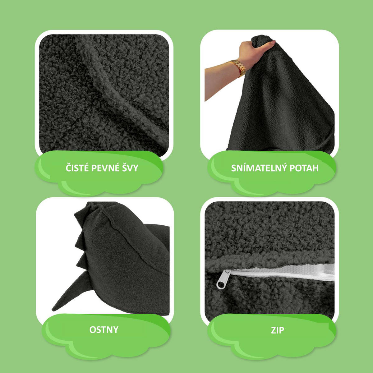 SITZSACK FÜR KINDER Dino 75/75/55 cm, weicher Bouclé 315 g/m², abnehmbarer Bezug, Steel Grey - Dunkelgrau, Textil (75/55/75cm) - Dreamroots