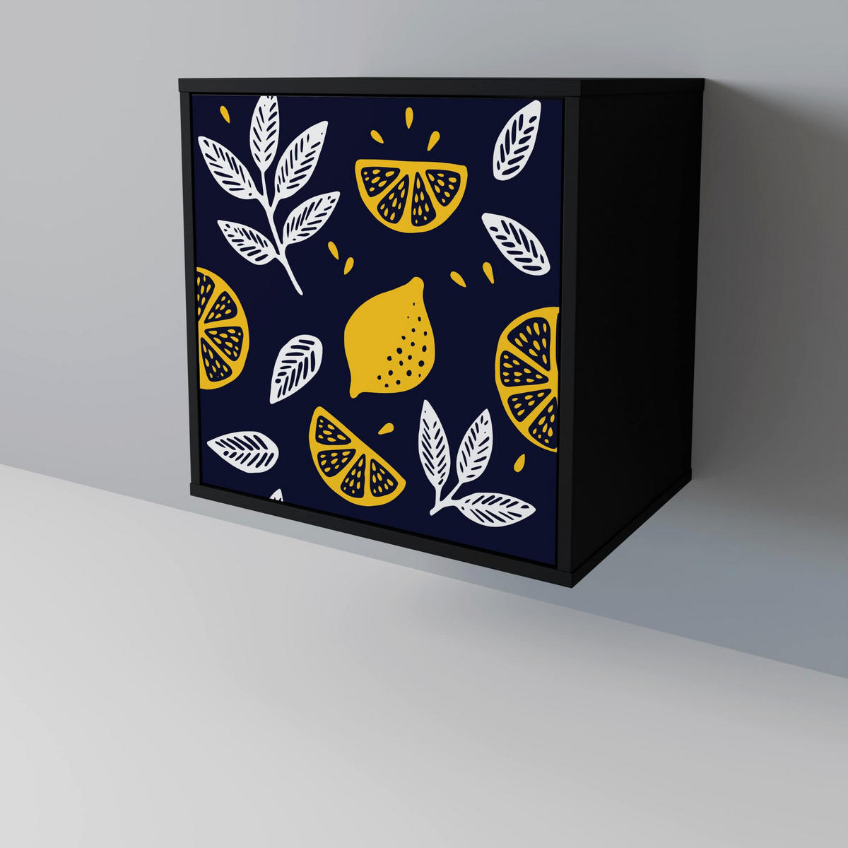 SIDEBOARD CITRUS BLACK AND WHITE, Schwarz, 57,5x42x75,5 cm, Goldfarbene Metallfüße - Goldfarben/Multicolor, Holzwerkstoff/Metall (57.5/75.5/42cm) - SpaceRebels