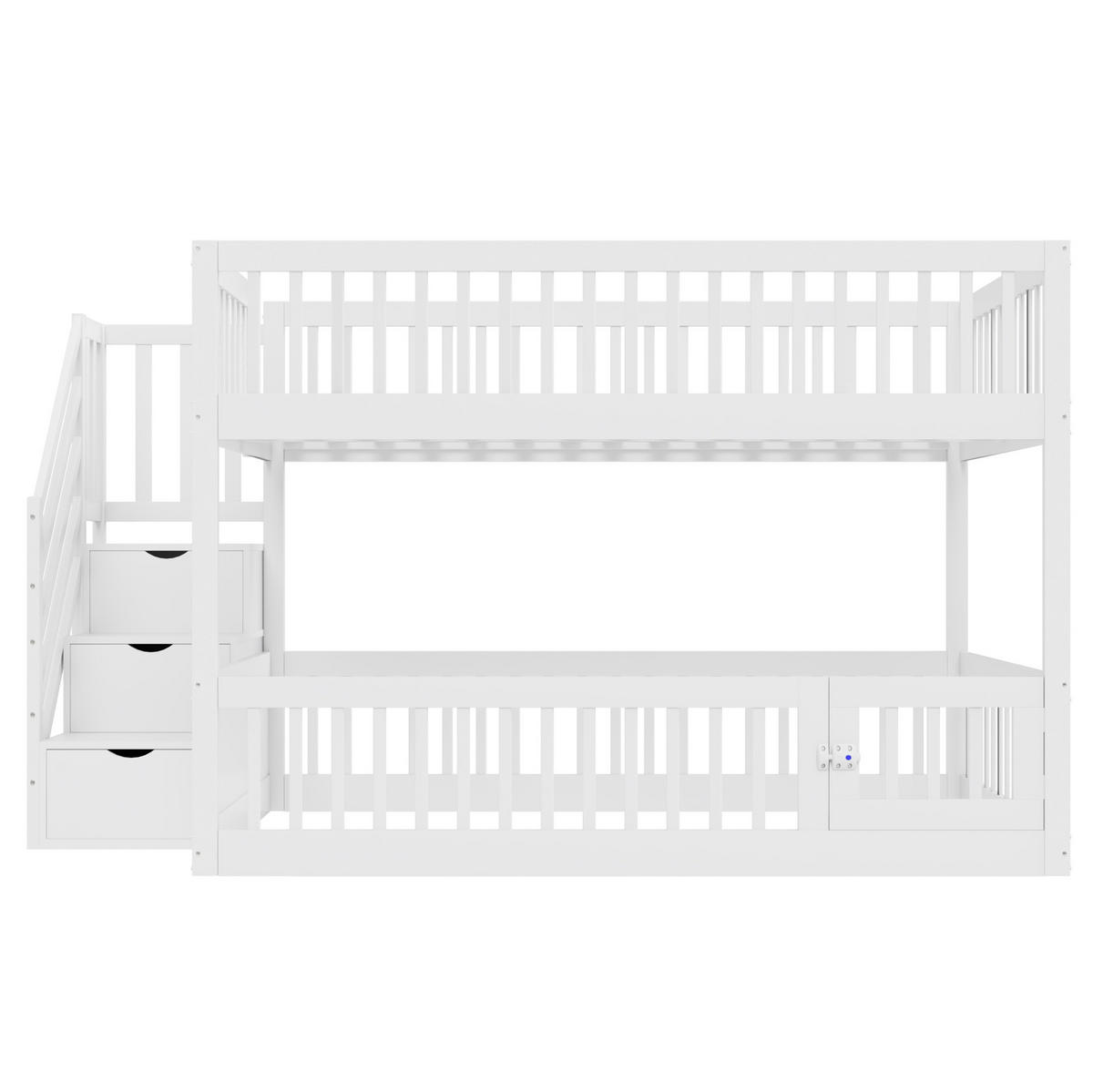 ETAGENBETT 140/200 cm mit Stauraumtreppe, Schubladen und Spieltür, Weiß - Weiß, Holzwerkstoff (140/200cm) - Redom