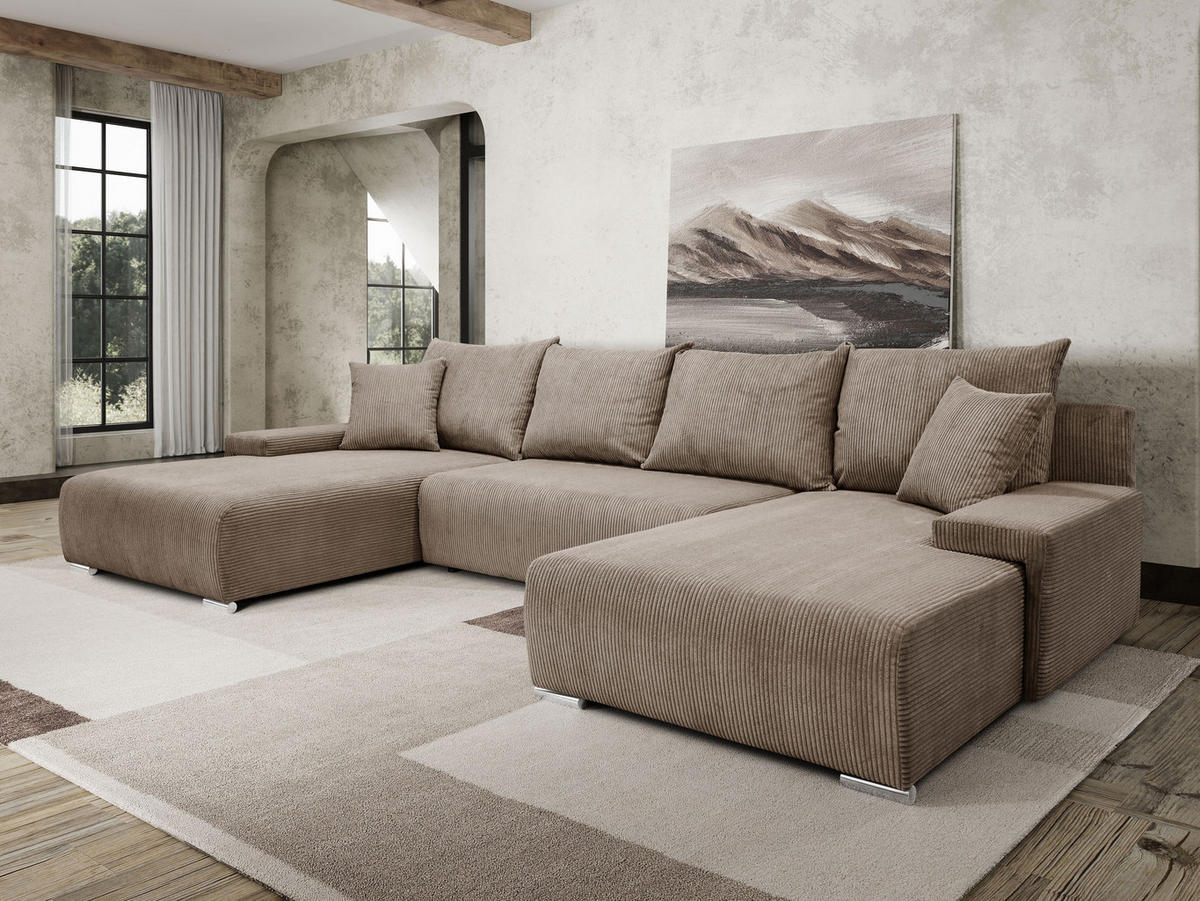 WOHNLANDSCHAFT Lauren in U-Form 348 x 188 cm, 5 Sitzer, Bettzeugablage, Big Sofa, Eckcouch, Cord, hellbraun - Hellbraun, Kunststoff (348/93/188cm) - Margaret Hadas24