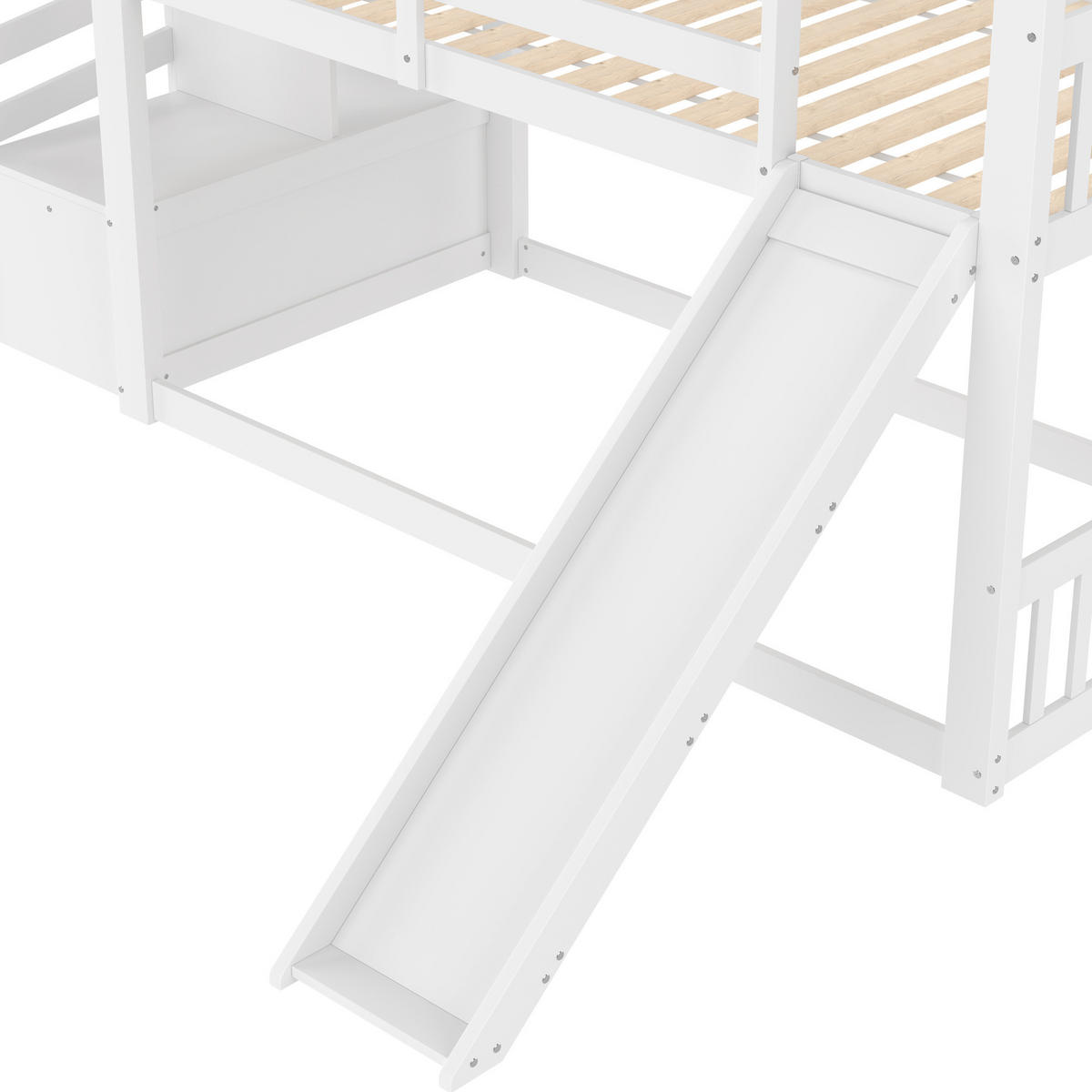 ETAGENBETT aus Kiefer und MDF 90x200 cm Weiß/Grau mit Stauraumtreppe, Rutsche und Hausdesign - Weiß, Holzwerkstoff (90/200cm) - Modfu