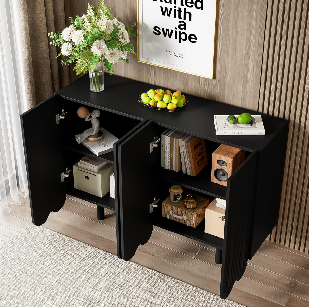 SIDEBOARD 120/37,5/80,8 cm aus MDF mit tropfenförmig geschnitzten Türen Schwarz - Schwarz, Holzwerkstoff (120/37.5/80.8cm) - Modenvie