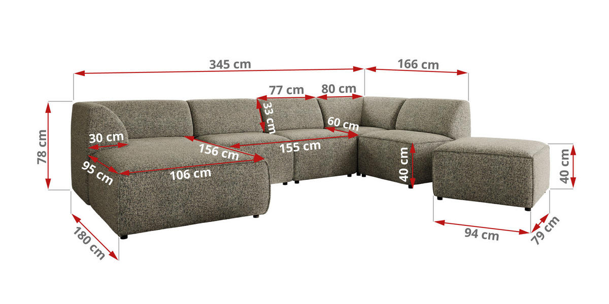 WOHNLANDSCHAFT MODARO U 6M - Grau Struktur - Rechts - Schwarz/Grau, Textil (345/78/180cm) - MKS