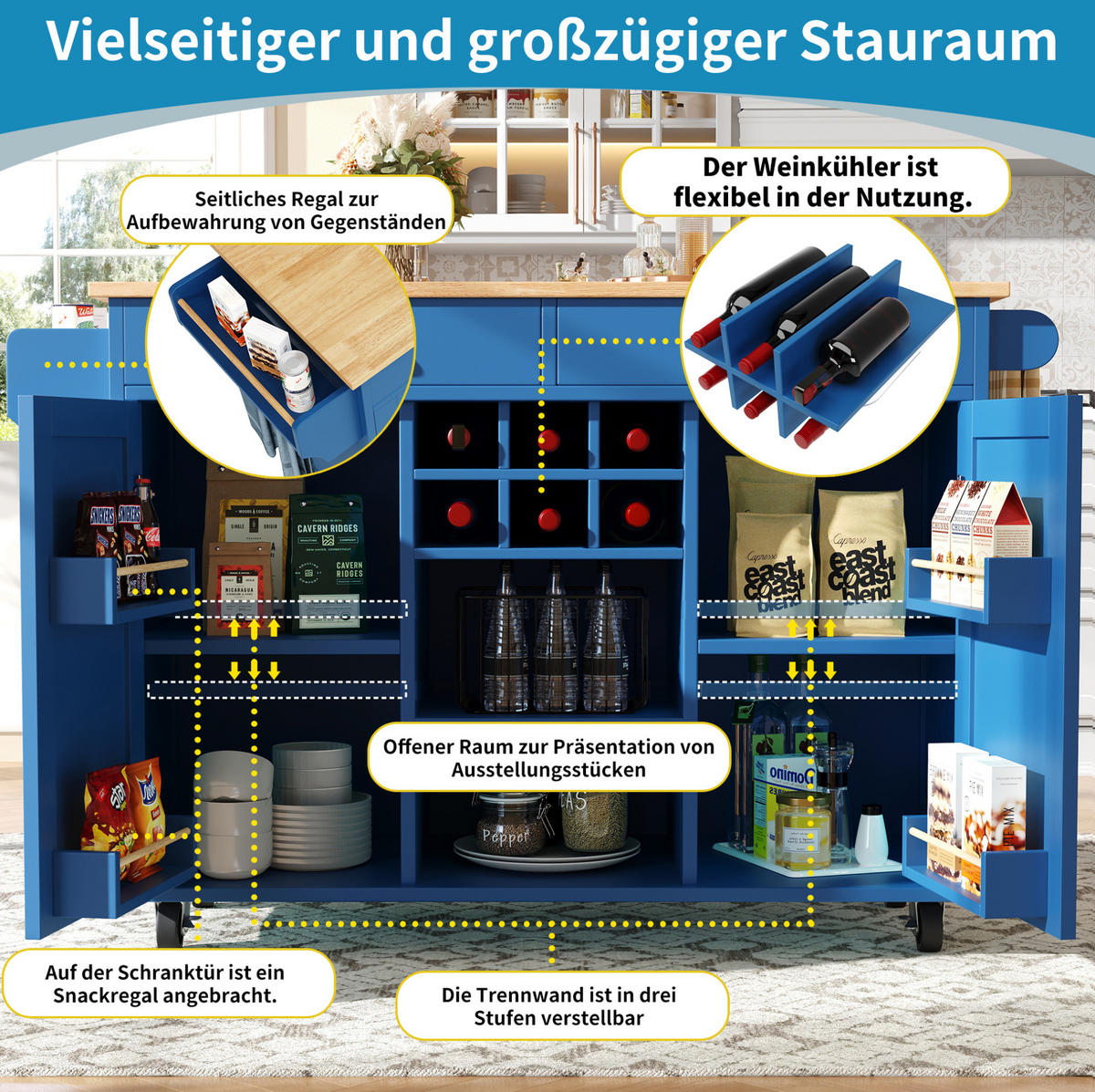 KÜCHENINSEL 102/45/92 cm aus MDF und Metall mit Rollen und flexiblem Stauraum Blau - Blau, Holzwerkstoff (102/92/45cm) - Modenvie