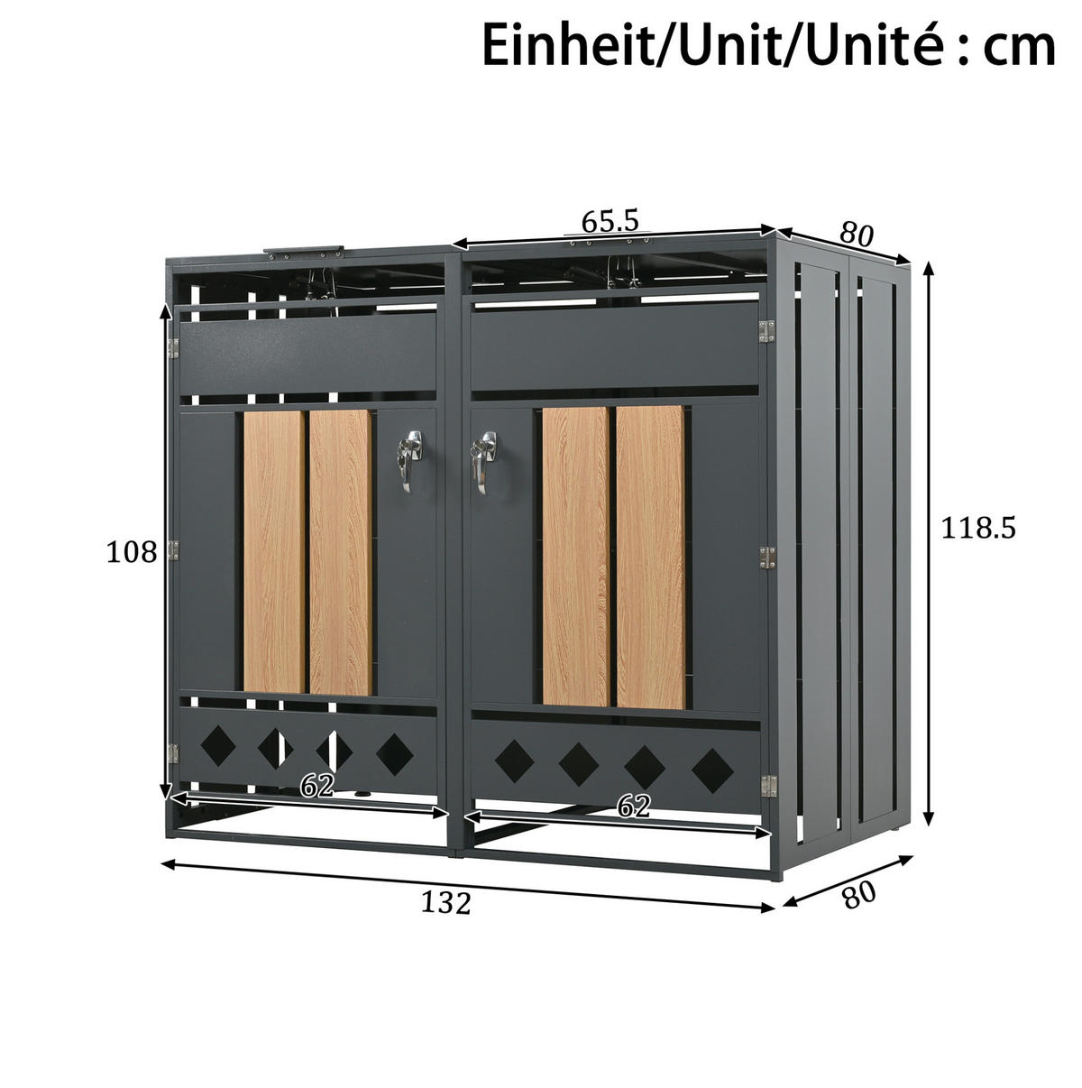 MÜLLTONNENBOX aus Stahl in Grau/Holzoptik mit hydraulischem Klappdeckel - Grau, Metall (264/118.5/80cm) - Modfu
