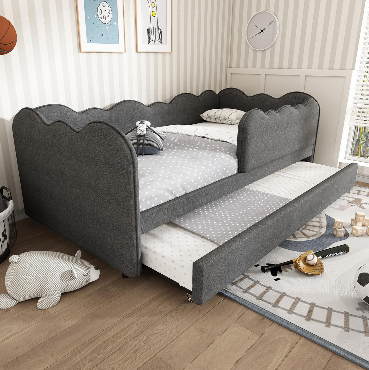 ČALÚNENÁ posteľ 90/190 cm, ľan sivá, s výsuvným lôžkom - sivá, textil (90/190cm) - BEAOK