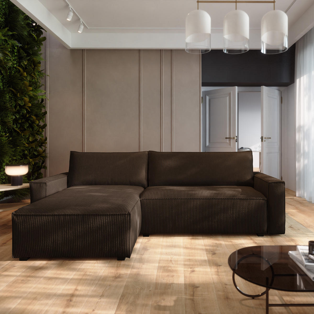 ECKSOFA BESMIR Braun Kordstoff mit Schlaffunktion - Braun, Holz (275/148cm) - MASSENO