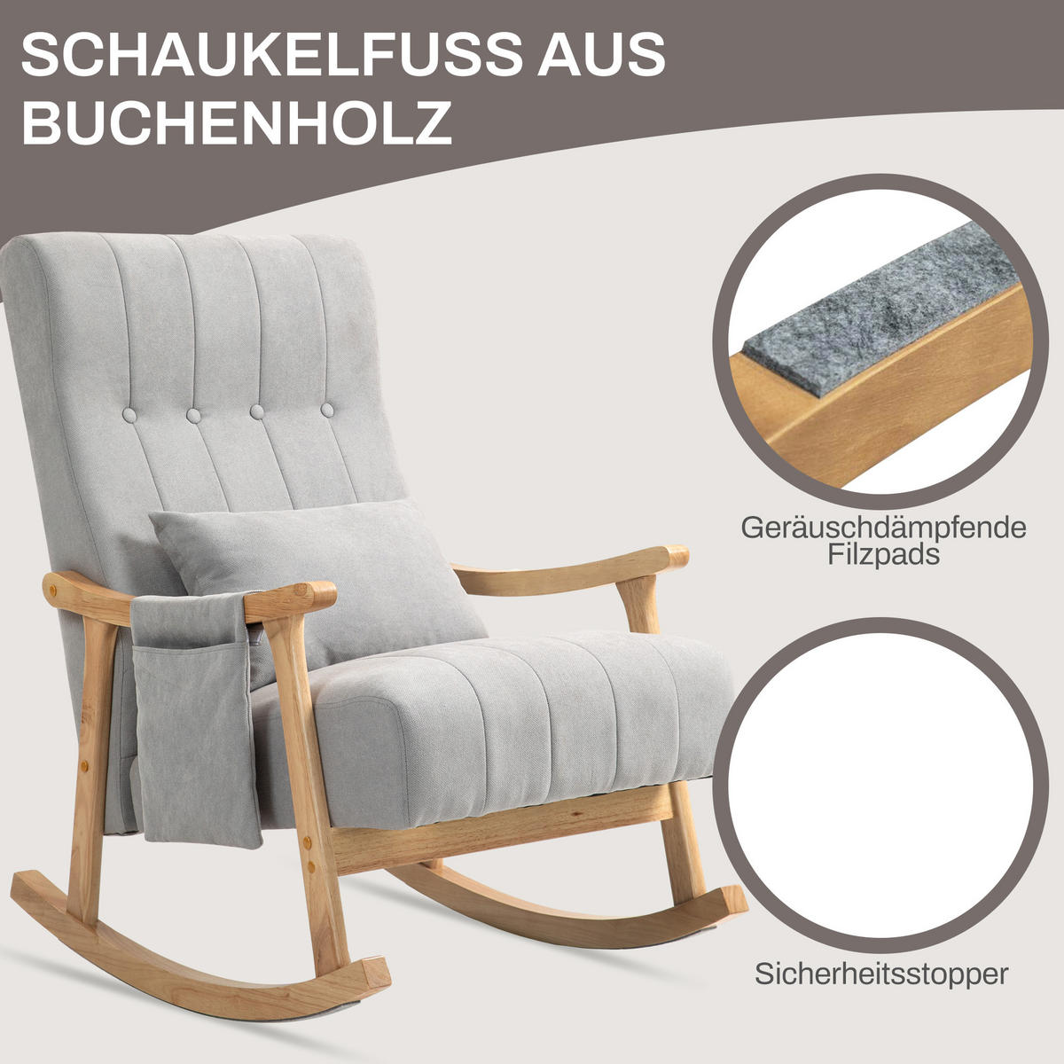 SCHAUKELSTUHL Schaukelsessel mit Lendenkissen, Seitentasche für Wohnzimmer Grau - Naturfarben/Grau, Holz/Buchenholz (65/98/90cm) - HOMCOM