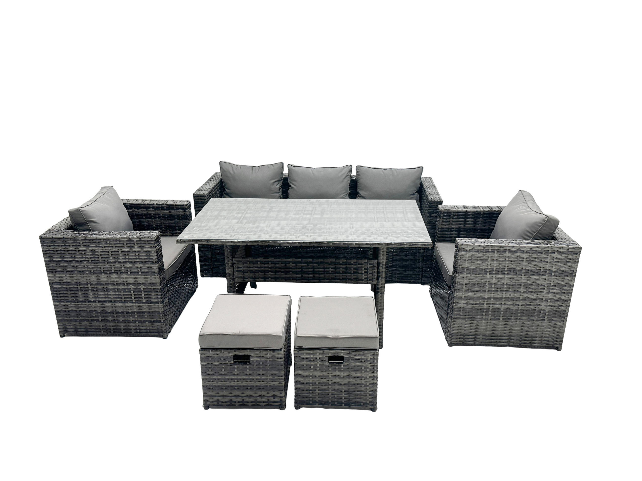 LOUNGEGARNITUR mit Fußschemel Polyrattan Dunkelgrau 7-Sitzer - Dunkelgrau/Grau, Glas/Kunststoff - Fimous