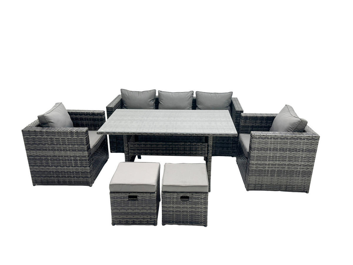 LOUNGEGARNITUR mit Fußschemel Polyrattan Dunkelgrau 7-Sitzer - Dunkelgrau/Grau, Glas/Kunststoff - Fimous