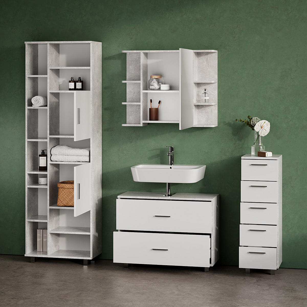 BADMÖBEL-SET Eisak Beton/Weiß 4 Teile, mit Hochschrank - Weiß/Grau, Holzwerkstoff (80/60/33cm) - Livinity®