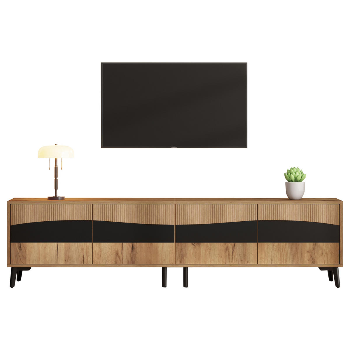 TV-LOWBOARD 180/40/50 cm mit 4 Türen - in Naturfarbe mit schwarzem Liniendekor - Naturfarben, Holzwerkstoff (180/50/40cm) - BEAOK
