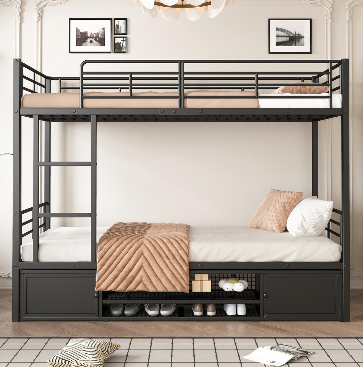 ETAGENBETT 90/200 cm aus Metall mit Schuhablage und 2 Türen in Schwarz - Schwarz, Metall (90/200cm) - BEAOK