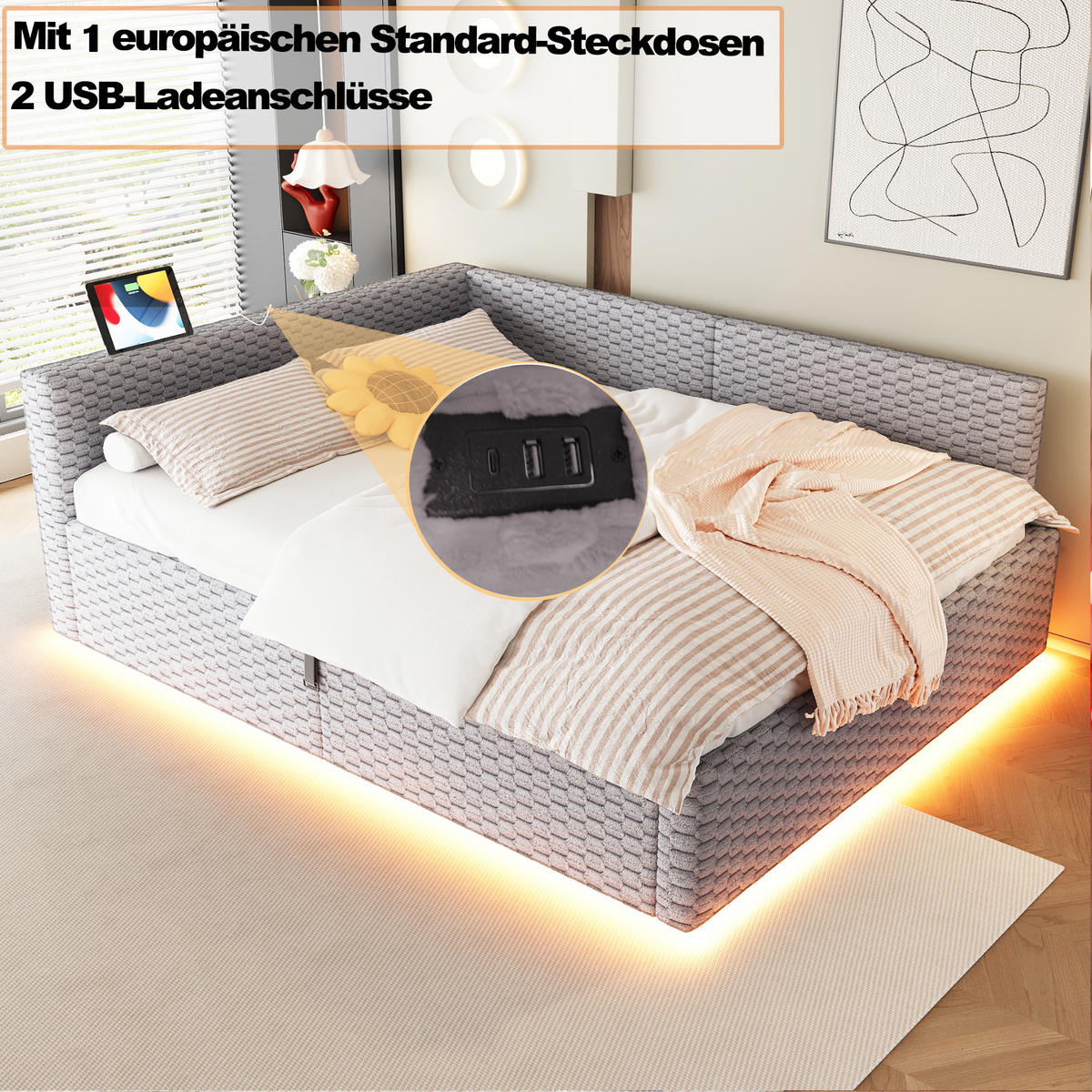POLSTERBETT 140/200 cm Grau mit LED-Beleuchtung, USB-C-Anschluss und 2 USB-Anschlüssen - Grau, Textil (140/200cm) - Oxeza